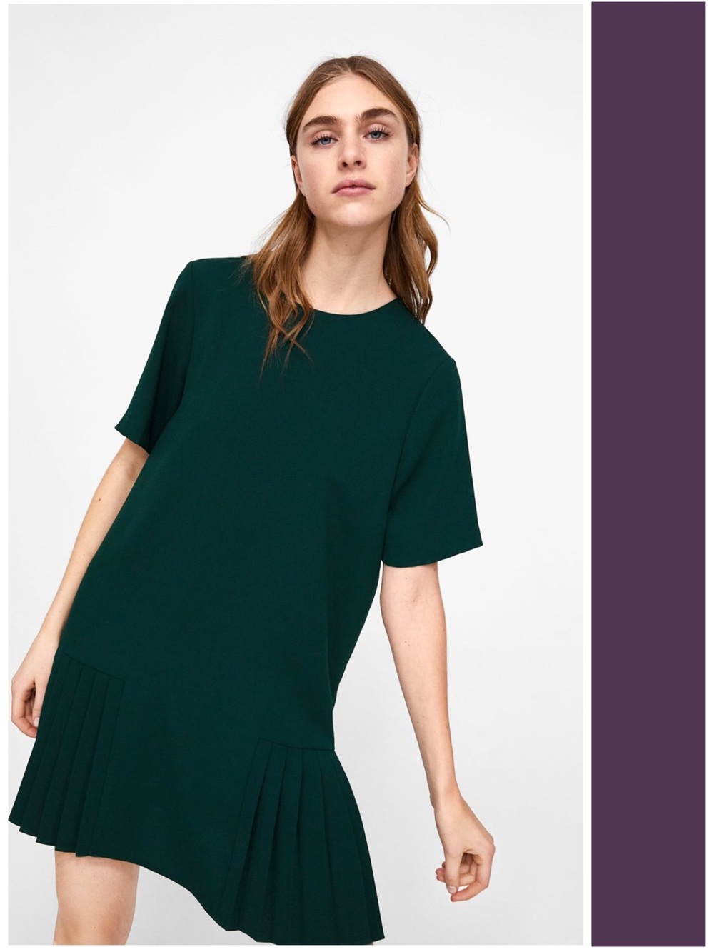 Zara Crew Neck Short Sleeve Drop Waist Pleated Hem Shift Dress in Green M EUC